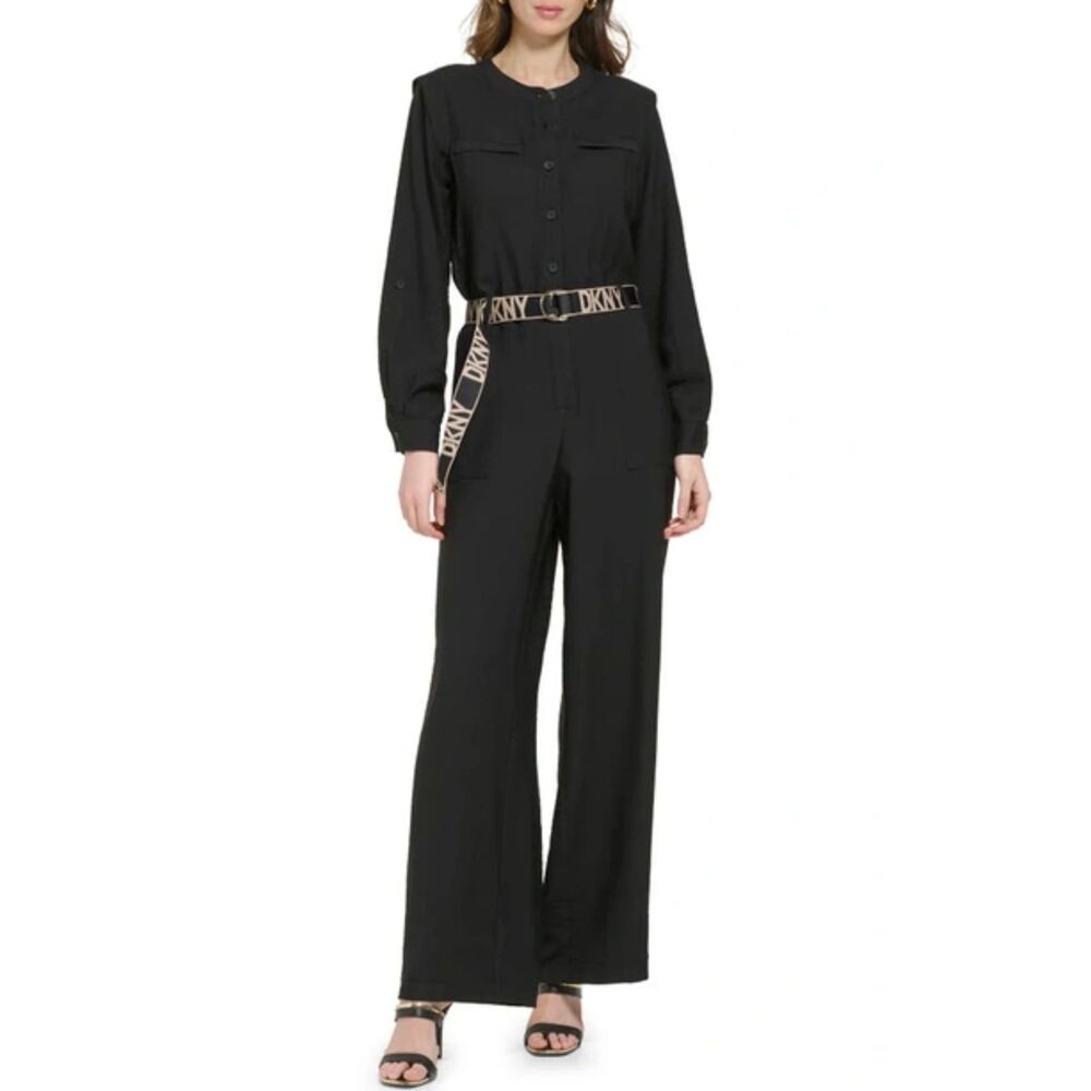 DKNY Navy Blue  Belted Shirt Jumpsuit Long Sleeve